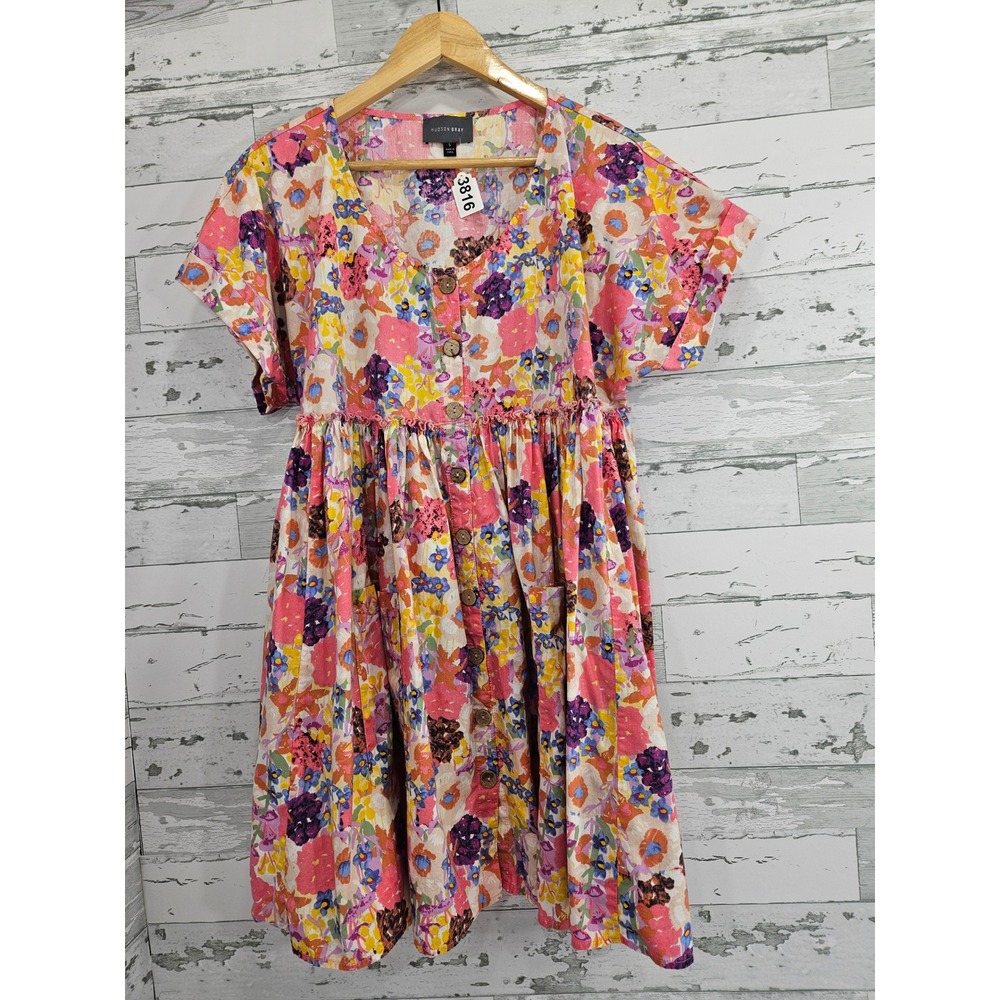 Hudson Gray Pink Floral Button Front Babydoll Mini Dress Cotton Womens Small